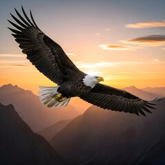Fototapeta premium Majestic Eagle Soaring Over Mountainous Landscape at Sunset