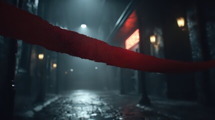 Abstract Red Digital Band In Dark Alleyway At Night With Red Neon Sign Glow
