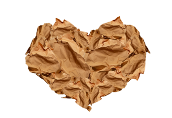 Heart made of paper scraps, isolated. Sustainable Valentine's Day concept, sustainability love, heart health. Modern abstract image. Crumpled used paper, sepia tones. Minimalist paper wallpaper. PNG