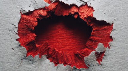 Abstract Red Liquid Splatter Creating A Hole In A Textured Grey Surface