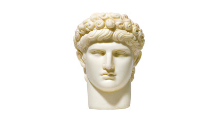 Obraz premium Ancient sculpture head marble texture classical male face curly hair Greco Roman style isolated on white artistic historical serene expression antique art