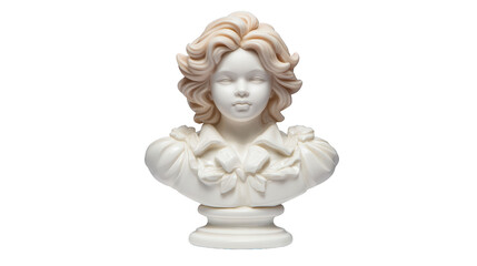 Obraz premium Marble bust sculpture of young woman with wavy hair and detailed clothing, classical style, isolated on transparency background, elegant and serene expression