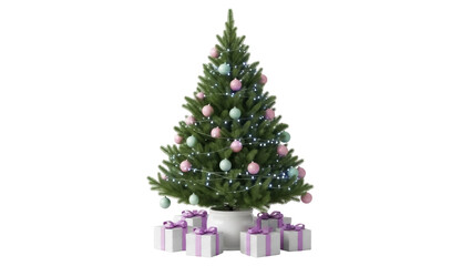 Isolated Christmas tree decorated with ornaments and lights and surrounded by presents