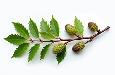 Alder branch with serrated green leaves and multiple small green cones. A plant twig displays new growth and developing seed structures on white background.