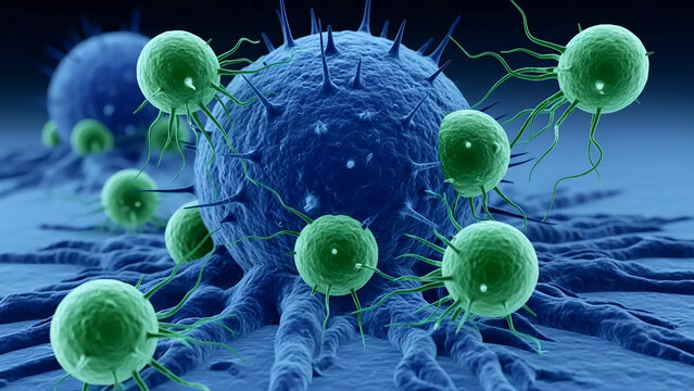 Microscopic 3D illustration of green T-cells or immune system attacking a blue cancer cell