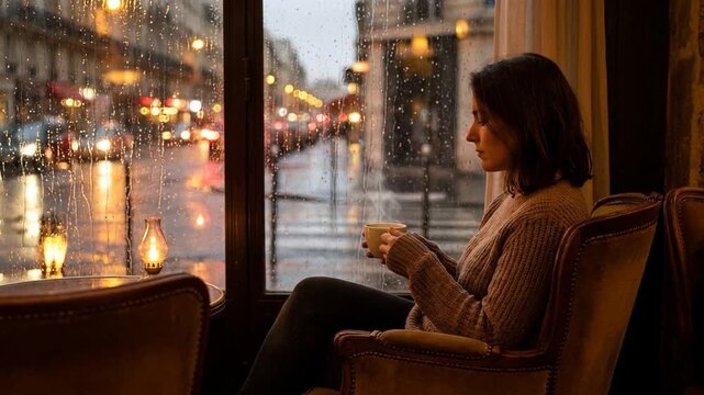 A woman relaxing in a cozy caf&eacute; by a rainy window, holding a warm drink and enjoying a calm, reflective moment as city lights glow outside.