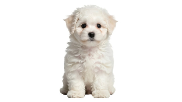 Isolated fluffy white puppy sitting cutely, a Bichon Frise with big dark eyes and soft fur