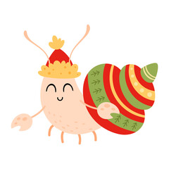 Cute Christmas Hermit Crab Illustration. Cartoon Xmas Sea Animal Clipart, Holiday Ocean Character Design.