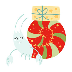 Cute Christmas Hermit Crab Illustration. Cartoon Xmas Sea Animal Clipart, Holiday Ocean Character Design.
