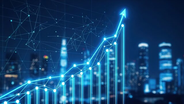 Digital blue glowing financial graph showing upward trend over a blurred city skyline at night. - Powered by Adobe
