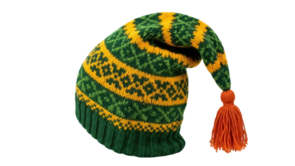 Isolated festive green yellow knitted wool hat with orange tassel for winter holidays