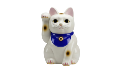 Isolated Maneki Neko figurine a lucky cat amulet for business in Japan and East Asia