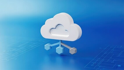 A 3D rendering of a white cloud icon with connected hexagonal data nodes on a blue background, symbolizing cloud computing and data networks.