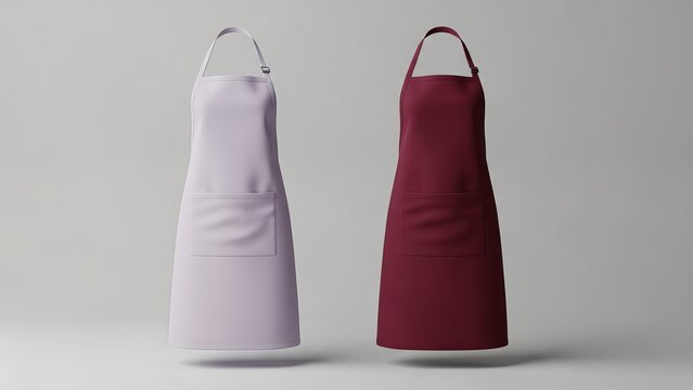 Two kitchen aprons in different colors, light purple and maroon, floating against a gray background