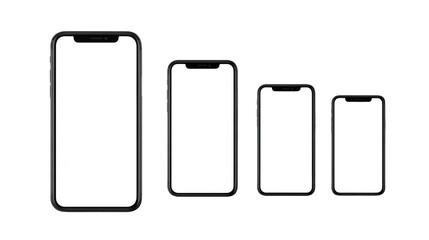 Smartphone mockup set with four different screen sizes, blank display, modern slim design, isolated on transparent background, ideal for app presentation, technology, and user interface concept