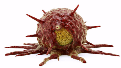 Detailed 3D illustration of red spiky virus or mutated cancer cell isolated on white