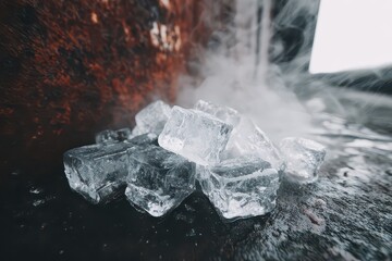 Close Up Of Ice Cubes With Smoke Rising On Dark Textured Surface With Rustic Background