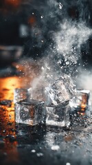 Close up of ice cubes exploding with glitter and smoke creating a dramatic effect with warm lighting