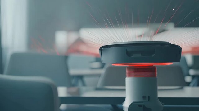 Bright red beams pulse from a high-tech device in a contemporary classroom, captivating students while showcasing innovative learning tools and methods.