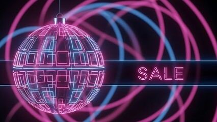 Vibrant neon glow disco ball with a sale announcement for a futuristic shopping experience