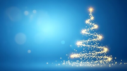 A festive and sparkling christmas tree made of glowing golden particles on a serene blue background