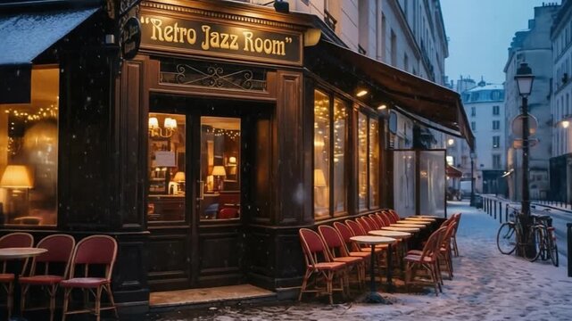 A cozy vintage caf&eacute; exterior on a quiet winter street, with warm lights, empty chairs, and a nostalgic jazz atmosphere evoking calm, charm, and timeless urban romance.