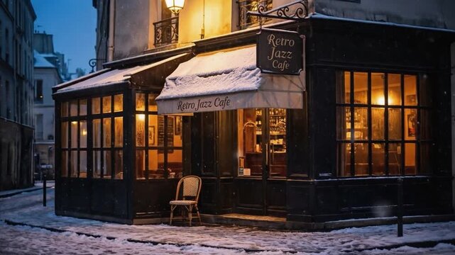 A cozy vintage caf&eacute; on a snowy European street at night, glowing warmly through its windows and creating a calm, nostalgic winter atmosphere.