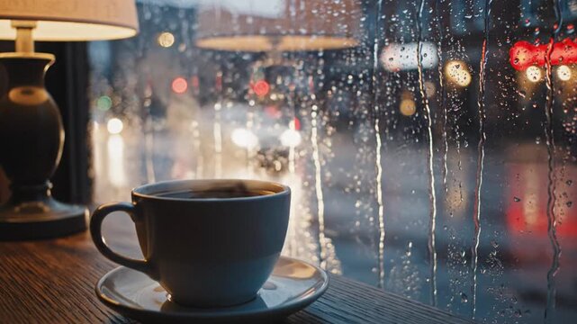 Cozy coffee cup on a wooden table, rain-splashed window framing blurred city lights, glow indoors..