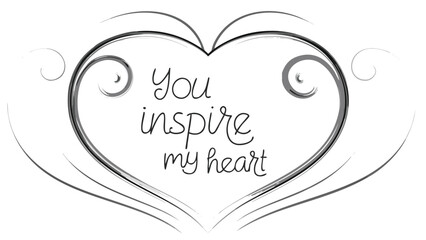 Minimal floating heart illustration with inspirational quote, black and white, romantic symbol for love and affection