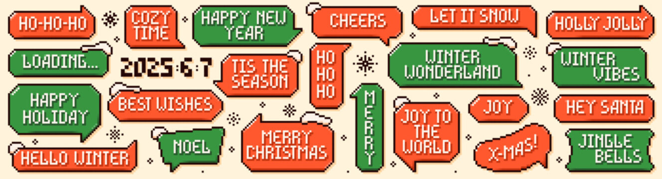 Christmas pixel art speech bubbles. Red and green text clouds with snowy peaks and new year phrases.