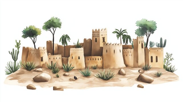 Dogon Country. Dogon Country hand drawn watercolor illustration on white background