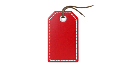 Red leather tag with white stitching and brown string, isolated on transparency background, perfect for price label, gift tag, or product branding, simple and elegant design