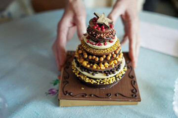 Christmas cake chocolate decoration closeup
