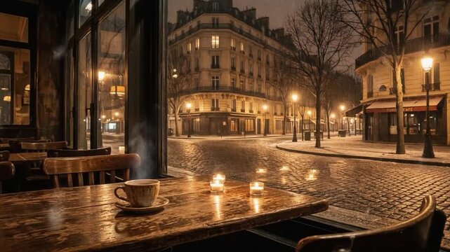 A cozy caf&eacute; table by a rainy window with candlelight and coffee, overlooking a quiet European street at night, creating a calm and romantic urban atmosphere.