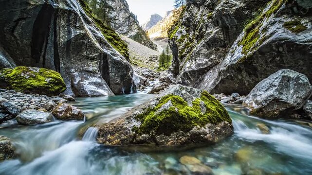 Cascading mountain river with mossy boulders carves turquoise gorge beneath rugged cliffs and spray