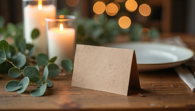Brown card on wooden table with candles and green eucalyptus leaves. Card for wedding or holiday dinner table setting. White plate and cutlery on right. Soft warm light from candles and bokeh lights.