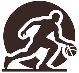 A bold black silhouette captures a basketball player mid-dunk, leaping toward the rim with outstretched arm and ball. Perfect for sports action, athletic prowess, and energetic