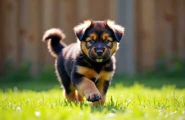 Adorable black, tan Hovawart puppy runs on green grass in sunny garden. Cute fluffy dog plays outdoors exploring backyard. Small curious pet walks on lawn looking at camera with paw raised, ready for