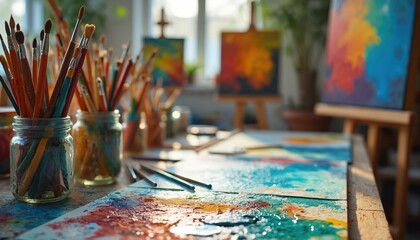 Bright art studio workspace shows many paint brushes in glass jars on a wooden table. Colorful paint splashes on paper. Abstract paintings on canvas easels display a creative process, artist at work.