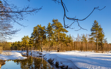 Snowy landscape with a river running through it