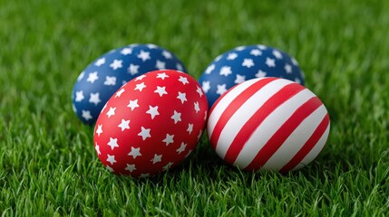 Colorful decorated eggs in red, white, and blue patterns resting on vibrant green grass, symbolizing festive celebrations and seasonal traditions in a joyful atmosphere