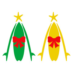 Logo con tablas de surf con forma de árbol de navidad con estrella de mar y lazo de cinta de regalo para tarjetas y felicitaciones