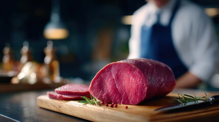 Freshly cut beef tenderloin on wooden cutting board, garnished with herbs, in a professional kitchen setting, showcasing culinary preparation and quality ingredients