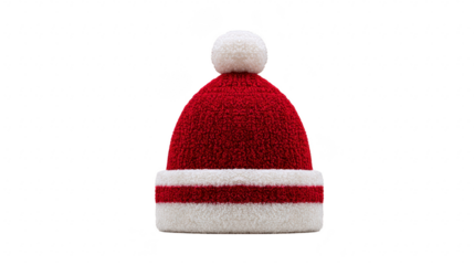 Red winter hat with white stripe and pompom, cozy knit accessory for cold weather, festive and cheerful, suitable for holiday season and outdoor activities