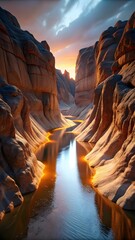 A narrow canyon with sheer, sun-lit granite walls.