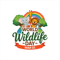 Obraz premium World Wildlife Day Illustration with Cute Animals, Rainbow and Nature Elements on White Background