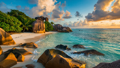 Tropical Beach with Granite Boulders and Turquoise Sea at Golden Sunset.