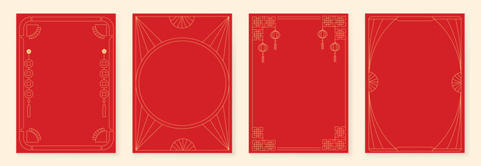 Naklejka na ściany i meble Chinese New Year 2026 vector decorative frame set with red and gold line art. Elegant oriental border design for greeting card poster invitation packaging and background.