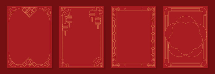 Naklejka na ściany i meble Chinese New Year 2026 vector decorative frame set with red and gold line art. Elegant oriental border design for greeting card poster invitation packaging and background.
