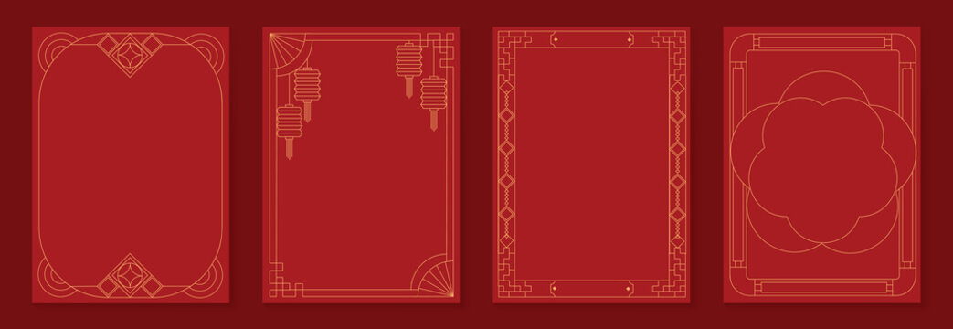 Naklejki Chinese New Year 2026 vector decorative frame set with red and gold line art. Elegant oriental border design for greeting card poster invitation packaging and background.